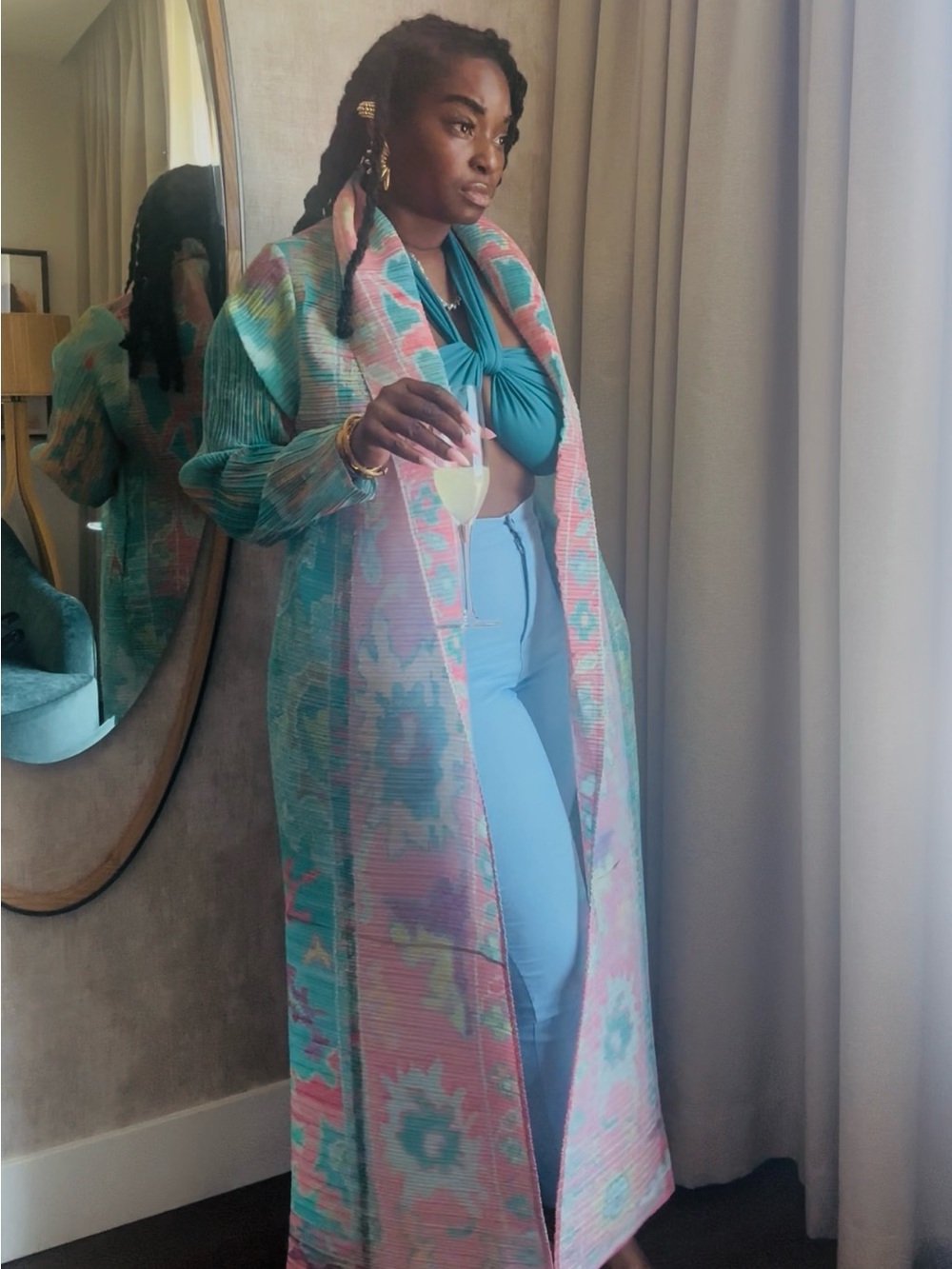 Long Pastel Duster Coat in Mint & Peach - Picture 3 of 11